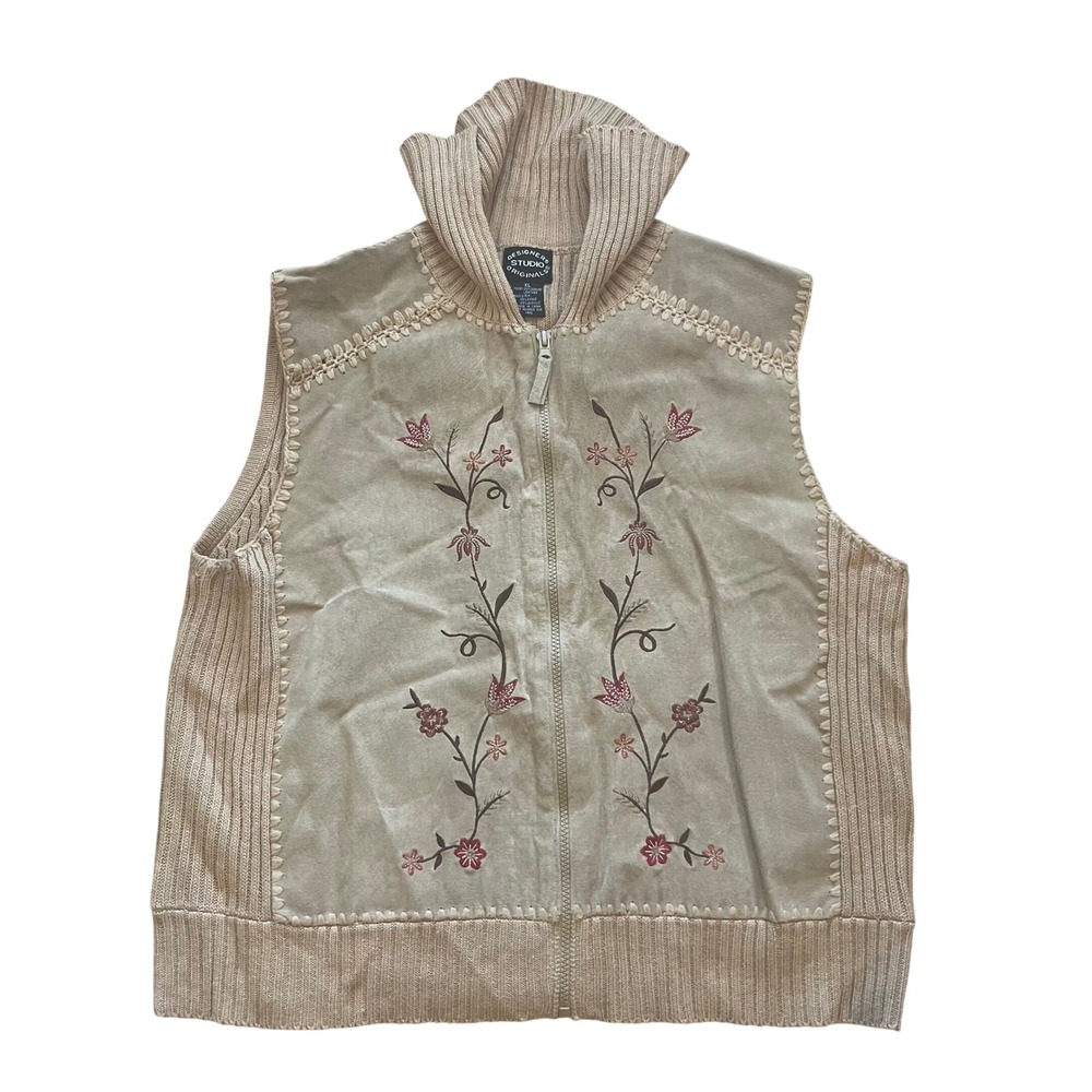 Designers Studio Originals‎ Leather Front Floral Embroidered Sweater Vest XL Tan